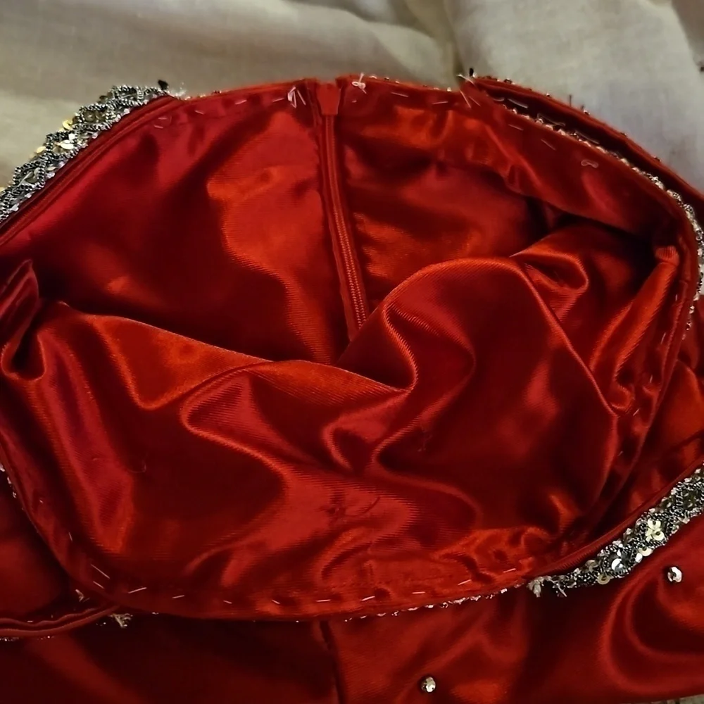 VTG 1960s HANDMADE Red Satin Rhinestone Faux Fur Christmas Portrait Outfit